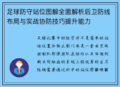 足球防守站位图解全面解析后卫防线布局与实战协防技巧提升能力